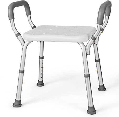 GOPLUS Duschstuhl, höhenverstellbarer Duschhocker mit Abnehmbarer Armlehne, Duschsitz Badsitz mit Aluminiumgestell für Badezimmer
