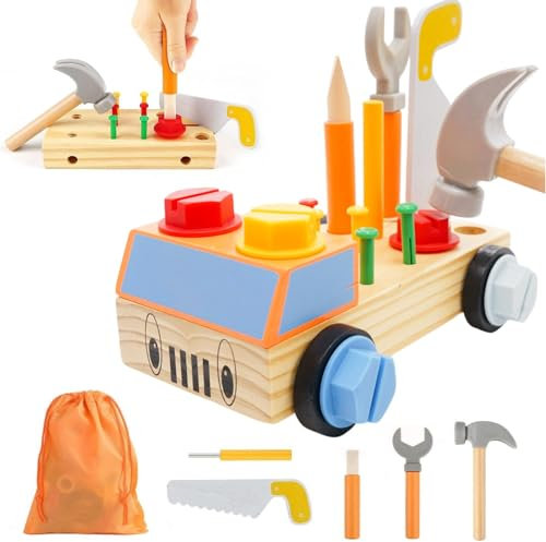 Caja Herramientas Juguetes Niños, 29 Piezas DIY Juguetes de Herramientas de Madera, Montessori Juegos Educativos Cajas, Juegos de Construcción de Madera, Regalos Niños Niñas 2 3 4 5 Años