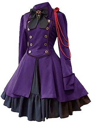 AnnSemo Womens Lolita Gothic Dress Vintage Bow Ruffle Steampunk Dress Long Sleeve Mini High Waist Short Renaissance Halloween Costumes Cosplay