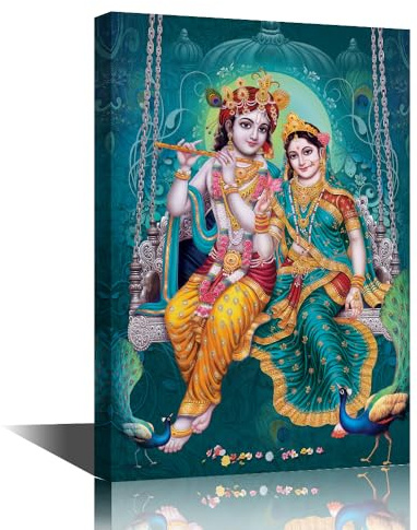 Leinwand-Kunst, Lord Radha Krishna, Bilder für Wohnzimmer, Hindu-Gott, Wandposter, Indien, religiöse Kultur, Kunstdrucke mit Rahmen, Wanddekoration für Wohnzimmer, Dekoration, 61 x 40,6 cm