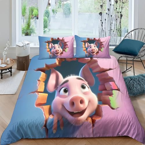 CRJUS Niedliches Schweinchen Kinder Bettwäsche Print Mikrofaser Bettbezug Mit Kopfkissenbezug, Jungen Teens Anime Bettwäsche Set Kinder Erwachsene, Weich Haltbar Atmungsaktive King（220x240cm）