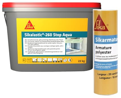 SIKA - Revêtement d'étanchéité sous carrelage - Prêt à l'emploi - Pour salle de bain & douche à l'italienne - Séchage rapide - 22kg + Armature de renforcement d'étanchéité 10m x 20cm