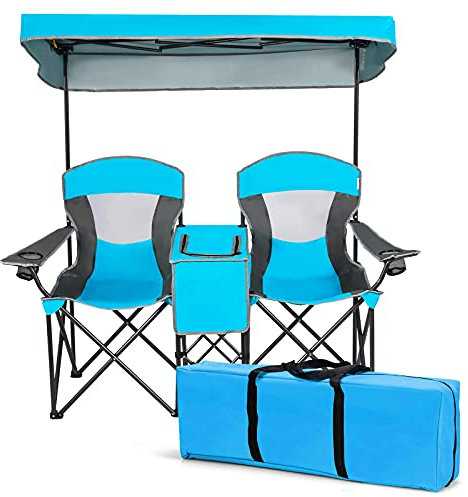 GOPLUS Silla de Camping Doble con Toldo Ajustable y Desmontable, Silla Plegable de 2 Plazas con Mini Mesa, Bolsa Nevera, 1 Bolsillo, 2 Portavasos, para Playa Carga 120KG Azul