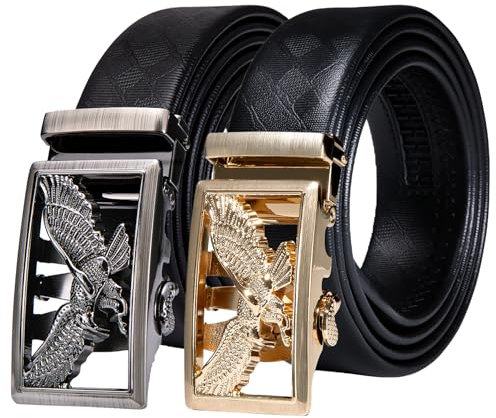 Barry.Wang Gürtel Herren 2 Stück Ledergürtel Ratsche Automatikschließe für Anzug Gürtel-3,5cm Breite Business mit Geschenkbox Adler Schwarz
