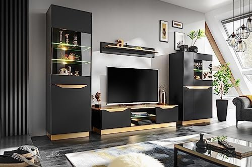 Generic Wohnwand Fame Wohnzimmerset Wohnzimmer Wand Regal TV Wand Matt Glas Vitrinenschrank Lowboard Wandregal mit LED (Schwarz/Gold), 3D2SZ
