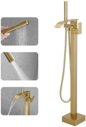 RUMOSE Wannenfüller, freistehend, gebürstetes Gold, Bodenmontage, Wannenarmatur, Wasserfall-Badewannenfüller mit CUPC-zertifiziertem hohem Durchfluss, Messing-Badewannenarmaturen mit Handbrause