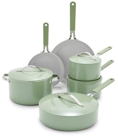 GreenLife 10-Piece Nonstick Ceramic Cookware Set, Lightweight Healthy PFAS-Free Pots & Pans with Lids, Dishwasher & Oven Safe, Durable Body, Silicone Stay-Cool Handles, Easy Release, Sage Green