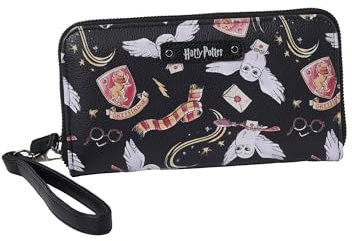 Harry Potter Geldbörse mit Handgelenk, Reißverschluss, Clutch, Kunstleder, Hedwig-Brille, Buchstaben, Schwarz, Schwarz, Geldbörse mit Handgelenk