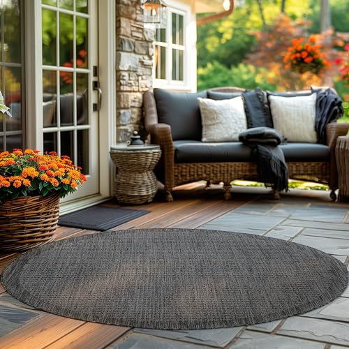 Carpettex In & Outdoor Teppich Wetterfest 160 cm Rund Schwarz - Sisal Optik Balkon Teppich Waschbar, Wasserfest und Flachgewebe - Ideal als Teppich für Küche, Terrasse, Garten und Camping