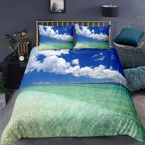 Tizhweqo Blauer Himmel Und Weiße Wolken Bettwäsche 220x240 Strand Bettwäsche Set Weiche Mikrofaser 3D Druck Landschaft Bettbezug Set mit Reißverschluss Bettbezüge und 2 Kissenbezug 80x80 cm D1721