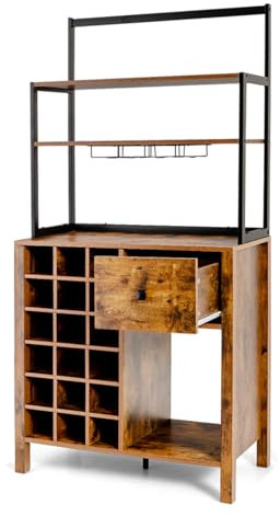 GOPLUS Küchenschrank hoch, Weinbarschrank mit 18-Flaschen Weinregal und 6 Glashaltern, Buffetschrank mit 3-stufigen offenen Regalen & Schublade, Vorratsschrank Küchenbuffet für Küche & Wohnzimmer