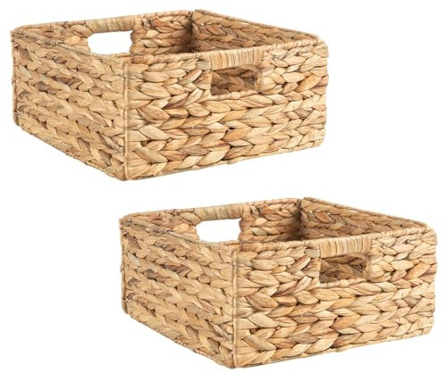 IDIMEX Panier Rangement LANZI en Jacinthe d'eau, Lot de 2, Boîte Rangement Fibre Naturelle avec Poignées, Pliables pour Rangement Salle de Bain, Coloris Naturel, 32 x 32 x 15 cm