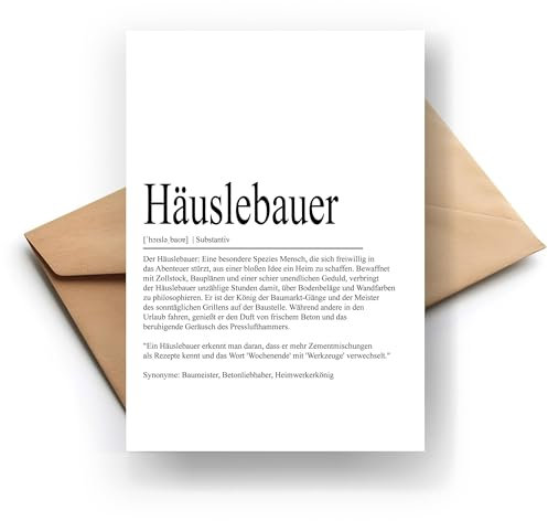 Häuslebauer Klappkarte Definition – Gratulation zur Fertigstellung des Hauses – Motivationskarte für neue Hausbesitzer