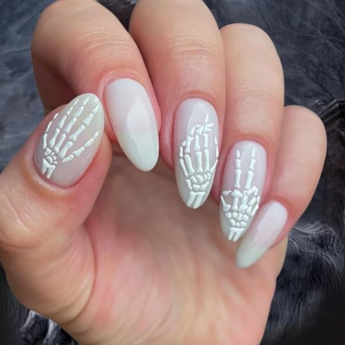24 Stück Press On Nails - Halloween Nägel Zum Aufkleben - Weiß Falsche Nagelspitzen, Oval Künstliche Nägel Mit weißer Knochen - Acryl Full Cover für Frauen Mädchen (White Bone Design)