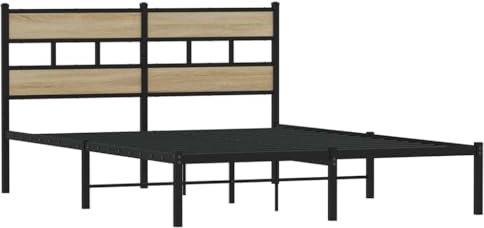 vidaXL Metallbett, Bett ohne Matratze, Bettgestell Bettrahmen mit Lattenrost Kopfteil, Doppelbett für Schlafzimmer, Sonoma-Eiche 135x190cm