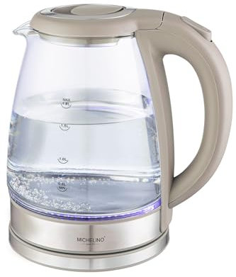 MICHELINO 1,8 Liter Glas-Wasserkocher Alythia Glaswasserkocher 1800 Watt Heißwasserbereiter elektrischer Teekkessel Wasserkessel Teekocher (beigegrau)