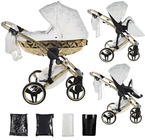 Junama Kinderwagen Diamond Heart 2in1 3in1 4in1 (01 - Weiß und Gold, 2in1)