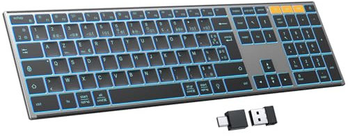 OMOTON Clavier sans Fil Métal, Bluetooth 2.4G Rétroéclairé Clavier, Rechargeable avec 2 Canaux Keyboard à Ciseaux AZERTY Français Ergonomique Silencieux pour PC/Mac/Windows (Noir)