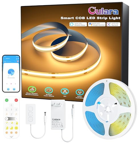 OULARA WIFI COB LED Streifen Warmweiß Kompatibel mit Alexa,6M 2700K Dimmbares 24V COB LED Strip Light Set LED Band für DIY Beleuchtung unter dem Schrank,Schlafzimmer,Küche