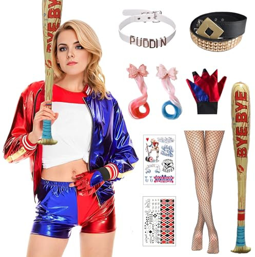 Angenster Quinn Kostüm Set, Halloween Harley Kostüm mit Jacke T-Shirt Shorts Handschuhe Perücke Gürtel Netzstrümpfe Ballon Tattoo Joker Kostüm für Karneval (Dame, M)