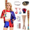 Angenster Quinn Kostüm Set, Halloween Harley Kostüm mit Jacke T-Shirt Shorts Handschuhe Perücke Gürtel Netzstrümpfe Ballon Tattoo Joker Kostüm für Karneval (Dame, M)