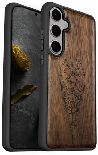 Carveit Natürlich Holz Handyhülle für Samsung S25 hulle [Einzigartiges Design Cover] Stoßstange Case Kompatibel mit Galaxy S25 Hülle（Nussbaum-Wikingerkompass Vegvisir）