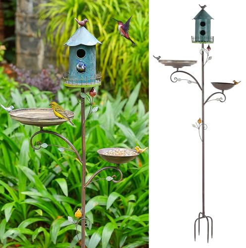 Vogeltränke und Vogelhäuser aus Metall für draußen, Vogeltränke für den Außenbereich und Vogelfutterspender mit 4-Zinken-Pfahl, 3-in-1 freistehender Vogelfutterspender mit blauem Vogelhaus an Stange