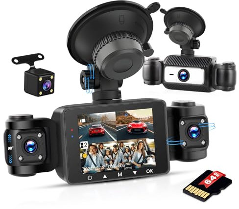 Inefala Full HD 1080P Dash Cam avec caméra de Voiture 360° à Quatre canaux, 2,4 Pouces Screen avec 64GB Memory et 8 IR Night Vision, Travel Recorder et G-Sensor et Parking Monitor