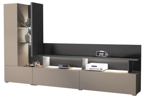 Wohnwand in beige mit anthrazit LED-Beleuchtung 2 Schubladen TV-Wand modern