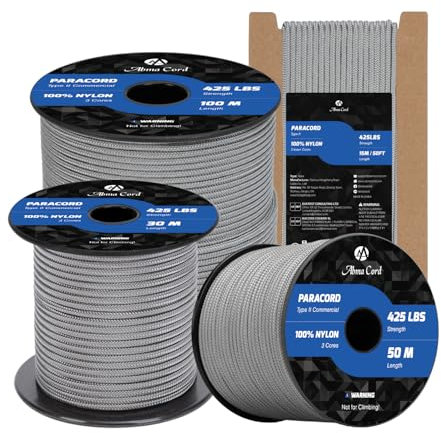 Abma Cord Paracord 3mm 15m 100% Nylon Rope Type II 3 Strands Parachute Cord - Max. 192kg (425lbs) - Grey