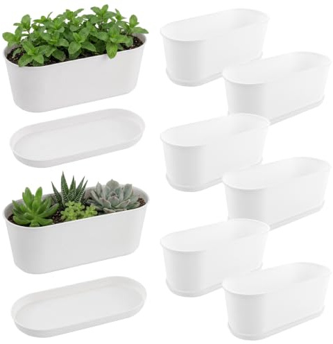 LOLYSIC 8 Stück Kräutertopf mit Tablett 22.8 x 9 x 8.2 cm, Weißes Rechteckiger Plastik Pflanzgefäß, Bonsai-Topf, Innen & Außen Geeignet, Balkonkasten Balkon für Garten, Fensterbank