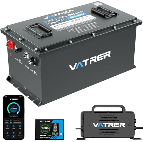 VATRER POWER 48V 150Ah LiFePO4 Golfwagen-Batterie, Metallgehäuse | 200A Smart BMS·Touchdisplay·Ladegerät mit Abschaltautomatik·4000+ Zyklen·Golfwagen&Elektro-Bootsmotoren
