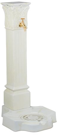 Relaxdays Column Fountain, Garden Water Featue, with Tap & Basin, HxWxD: 93 x 47 x 38 cm, Standing Patio Ornament, White, Brass, Aluminium