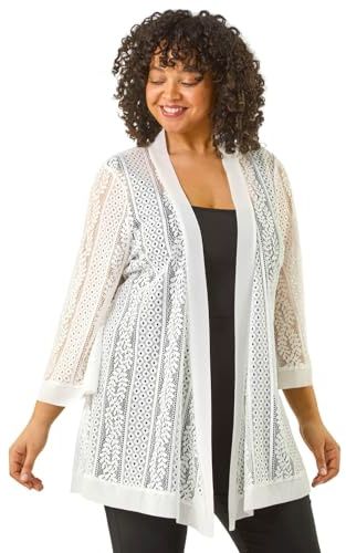 Roman Curve Crochet Knit Cardigan for Women UK - Ladies Everyday Holiday Spring Summer Comfy Soft Evening Vacation Work Party - Ivory Plus - Size 22
