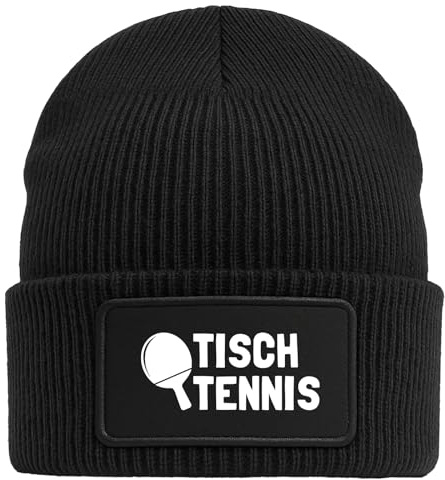 Huuraa Beanie Tischtennis Tischtennisschläger Geschenk | Black Geschenkidee Schwarze Rippstrick Wintermütze mit austauschbarem Klett Patch