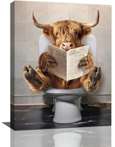AIHNBF Lustige Highland Kuh auf Toilette Leinwandbild, Humorvolle Badezimmer Deko, Skurriles Bauernhof Tier Poster für Wohnzimmer, 40 x 60 cm