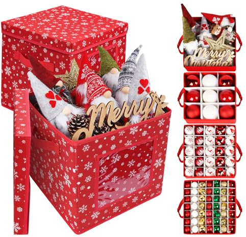 Anstore Weihnachtskugel Box Red für 166 Kugeln, 2 Stück Aufbewahrungsbox für Christbaumkugeln, 4 Ebenen Weihnachtskugeln Aufbewahrung mit Griffen, Red Bottom Snowflake Sortierbox für Weihnachtsschmuck