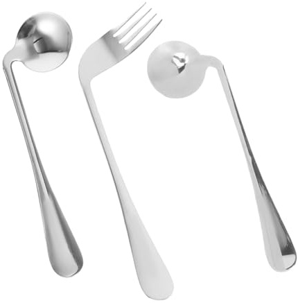 ERINGOGO Juego de 3 Utensilios para Alimentación Cuchara Angulada y Tenedor para Zurdos, Acero Inoxidable, Diseño Creativo en Ángulo, Adecuado para Ancianos y Personas Discapacidad
