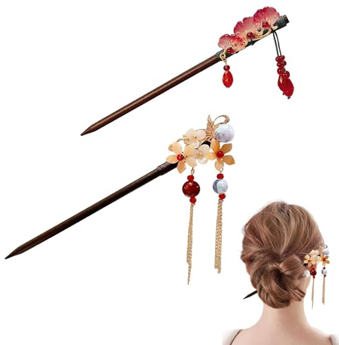 CutitiUU Lot de 2 baguettes à cheveux rétro chinoises japonaises en bois,Épingles à Cheveux Japonaises Rétro en Forme de Fleur Faites à la main,Élégant Pour Coiffures Traditionnelles Chinoises (B)