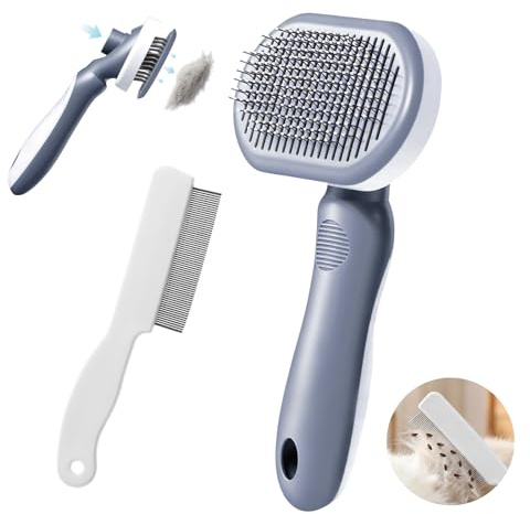 Oderra Cat and Dog Brush With Flea Comb | Dual-Function Grooming Kit, Detangling, Cleaning Sensitive Areas, 1 Click Hair Ejection, Non-Slip & Cleanable Handle