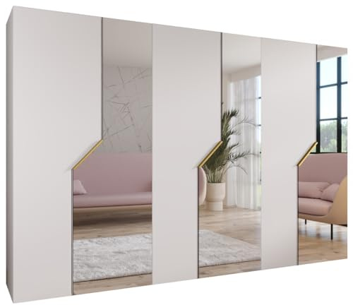 MEBLE KRYSPOL - Kleiderschrank - Garderobenschrank - 300 cm x 202 x 52 cm - Schrank mit Kleiderstange und Spiegel, 6 Türen - für Schlafzimmer, Flur - Andrew, Weiß, Griff Gold