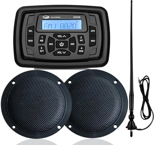 GUZARE Marine Audio System Waterproof Bluetooth FM/AM Radio Stereo Receiver with 4 inch Boat Speakers and Antenna – Ready for ATV, UTV, RV, Yacht