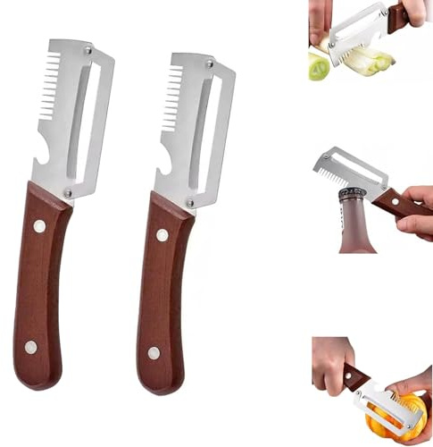 Multifunctional Vegetable Peeler,Upgrade 3-in-1 Multi-Functional Kitchen Tool with Bottle Opener and Green Onion Shredde for Potato, Fruit, Carrot, Sugarcane (Brown,2 pc)