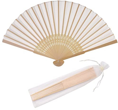 SL crafts 24pcs Imitated Silk Hand Fan Imitated Silk Fabric Bamboo Handheld Folded Fan Bridal Dancing Props Church Wedding Party Favors with Gift Bags (Cream)