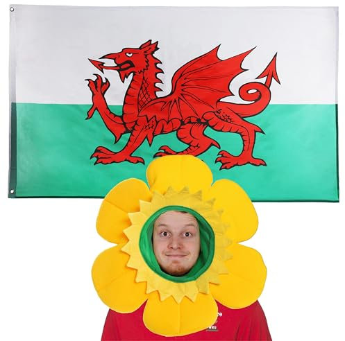 Welsh Flag & Hat Fancy Dress Accessory Set - 3x5ft Flag + Daffodil Hat for St David's Day, Wales Supporters, Football & Rugby