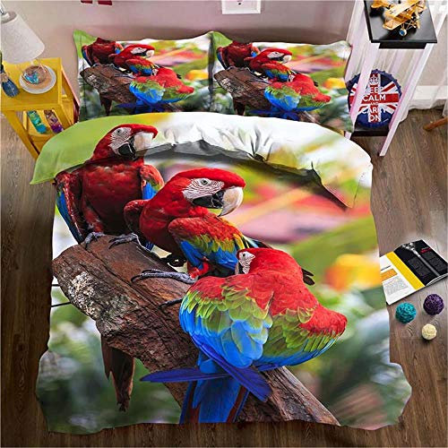 MENGBB 3D Bettbezug Bettwäsche Set Stamm Tier Papagei rot schön, 135x200cm Gesamt 4 Größen, Bettwäsche-Set mit Reißverschluss, Bettbezug + 2 x Kissenbezügen 80x80cm, Mikrofaser Super Weiche Hypoallerg
