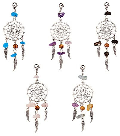 PandaHall 30 Stück Legierung Traumfänger Charm Anhänger mit natürlichen Chip Edelsteinperlen Holzperlen und Federn für DIY Halskette Armband Schmuckherstellung, zufällige Farbwahl