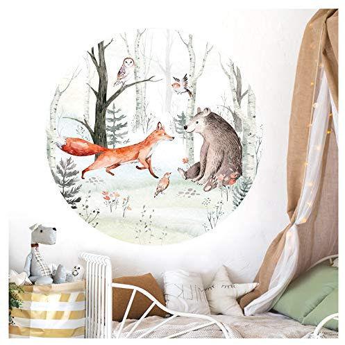 Little Deco Wandsticker Kinderzimmer Wandtattoo Waldtiere Baum 120 cm rund Wanddeko Spielzimmer Sticker Kinder Wandaufkleber Wandbild selbstklebend Bär DL556