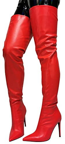 YUHAI Scarpe con Tacco a Spillo in Pelle PU a Punta da Donna Stivali al Ginocchio con Stivali Elastici con Cerniera,Red-42(UK 8)