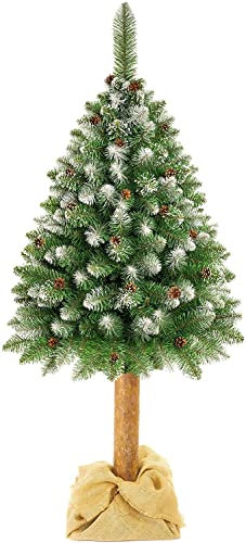 Árbol de Navidad artificial con piñas y tronco de madera auténtica, verde y blanco, decoración con efecto nieve (verde con efecto nieve, 160 cm)